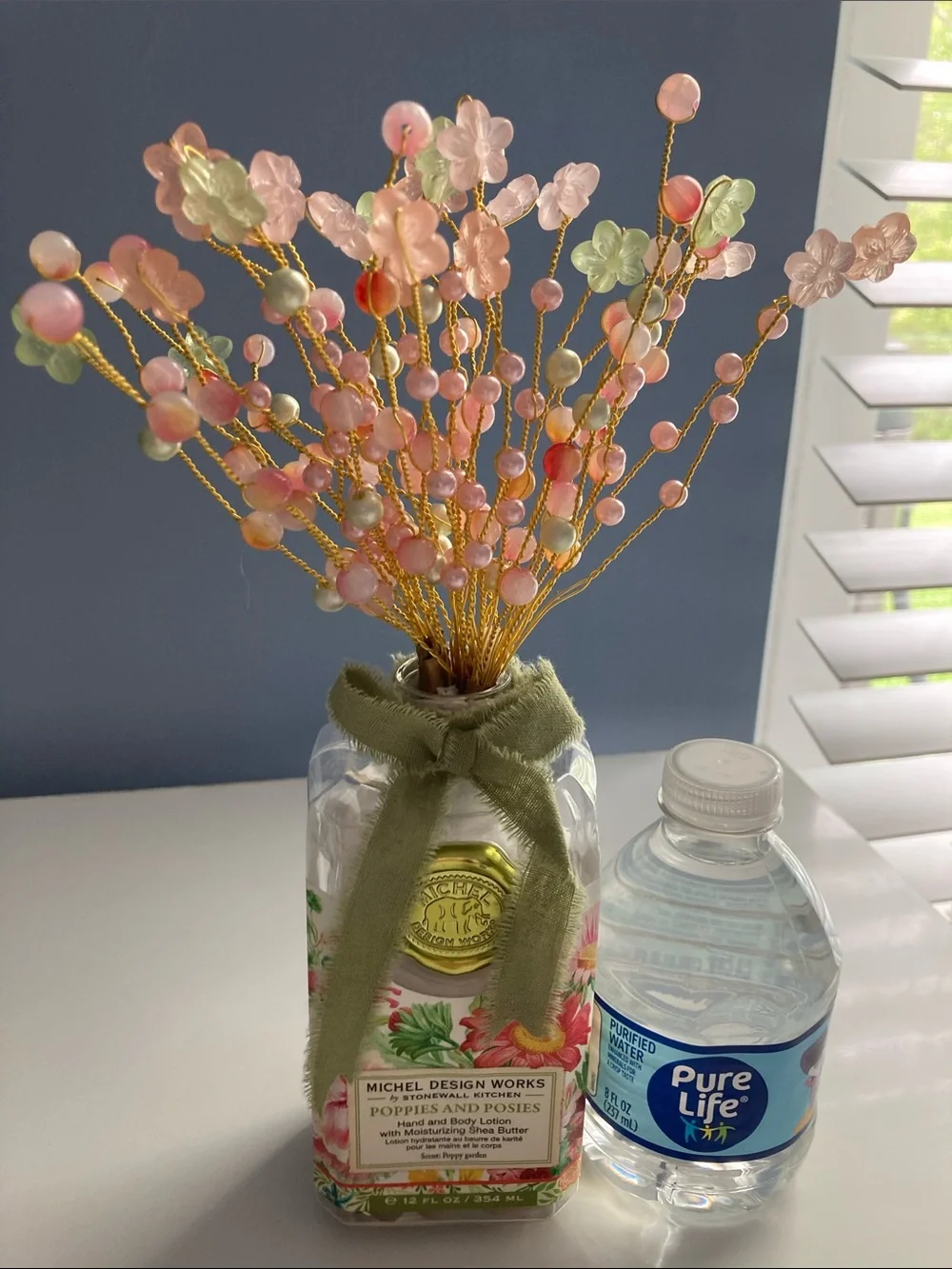 HANDMADE BEADED FLOWER BOUQUET PASTEL MULTICOLOR PEACH GREEN NEW